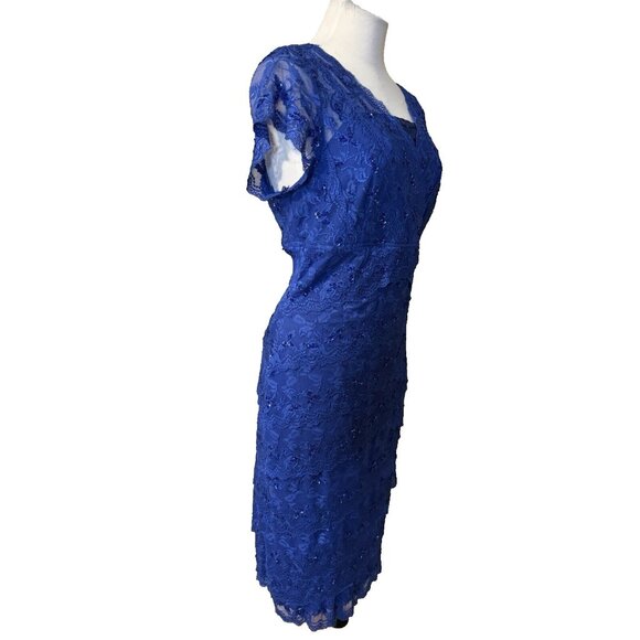 Marina Dress 16 Blue Stretch Lace Wedding Party Cruise V Neck Short Sleeve - Picture 7 of 11